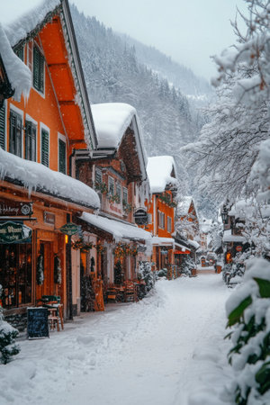 A picturesque village street blanketed in snow, featuring charming shops and people strolling, all while surrounded by wintery mountains and trees.の素材