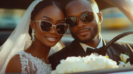 A smiling bride and groom sit in a classic convertible, surrounded by flowers. Bright sunlight illuminates their joyful expressions as they celebrate their special day.の素材