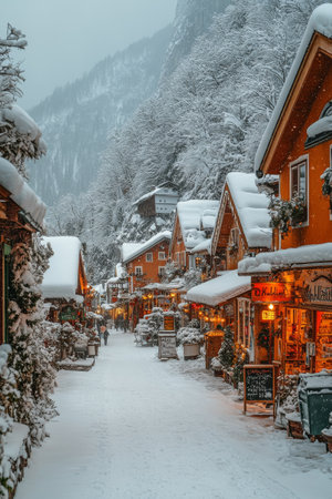 A picturesque village street blanketed in snow, featuring charming shops and people strolling, all while surrounded by wintery mountains and trees.の素材