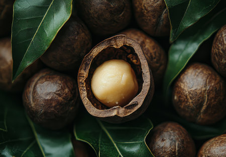 A collection of freshly harvested macadamia nuts lies among green leaves, showing their rough outer shells. One nut is cracked open, revealing its creamy interior, highlighting natures bounty.の素材