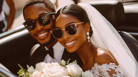 A smiling bride and groom sit in a classic convertible, surrounded by flowers. Bright sunlight illuminates their joyful expressions as they celebrate their special day.の素材