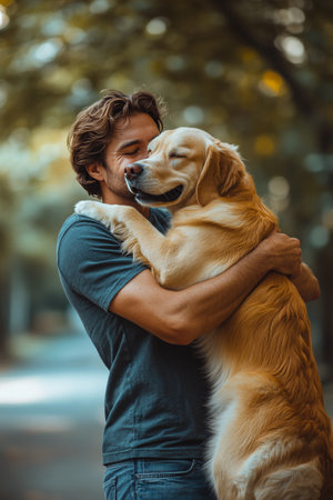 A man crouches on a path in a park, smiling broadly while hugging his friendly Labrador retriever. The setting is lively, showcasing vibrant autumn foliage around them.の素材
