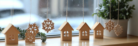 Wooden houses and snowflake ornaments hang from the window, creating a warm winter atmosphere while snow covers the windowsill, adding to the festive charm of the indoor space.の素材