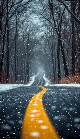 Snowflakes gently fall onto a solitary road surrounded by bare trees, creating a serene winter landscape. The path curves away, inviting exploration in the cold, peaceful atmosphere.の素材