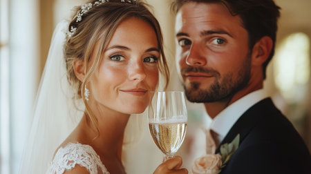 The couple stands close together, beaming with happiness as they toast with champagne glasses in hand. The soft sunlight creates a romantic atmosphere, surrounded by greenery.の素材