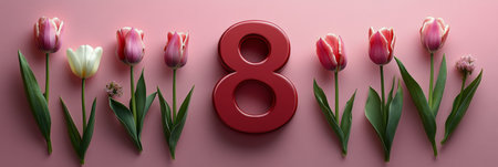 A vibrant arrangement features pink and white tulips positioned around a bold red number eight set against a cheerful pink background, perfect for celebrations or anniversaries.の素材