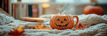 A warm and inviting scene showcases a pumpkin shaped mug filled with a hot drink beside decorative pumpkins, all on a soft knitted blanket, perfect for enjoying autumn vibes.の素材