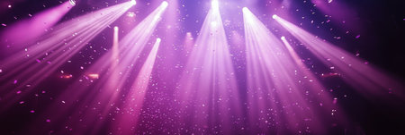 Bright purple lights shine down from above, creating a festive atmosphere as confetti floats through the air during a dynamic event.の素材