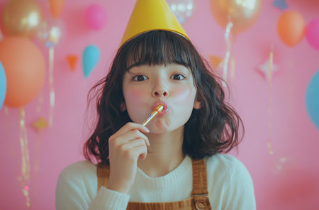A young girl with curly hair and a yellow party hat playfully holds a noisemaker while surrounded by pink and yellow balloons. The background is vibrant pink, enhancing the festive mood.の素材