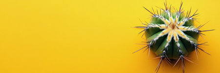 This cactus features a unique shape with prominent spikes, showing its vivid green color against a lively yellow backdrop, creating an eye catching indoor arrangement.の素材