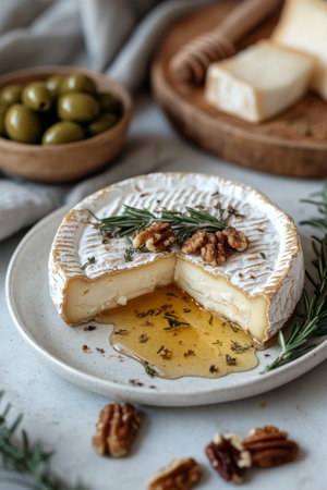 A round cheese wheel features a creamy center, accompanied by green olives and walnuts, topped with honey and garnished with herbs, creating a delightful culinary presentation.の素材