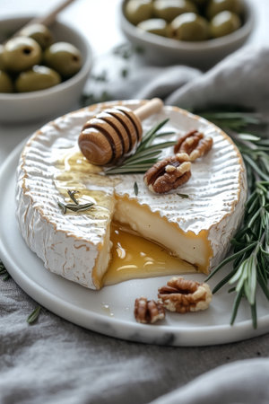 A round cheese wheel features a creamy center, accompanied by green olives and walnuts, topped with honey and garnished with herbs, creating a delightful culinary presentation.の素材