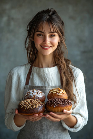 A smiling young woman holds a tray of freshly baked bread in a charming bakery. The warm atmosphere, decorated with flowers, adds to the inviting scene.の素材