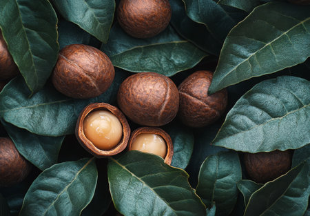 A collection of freshly harvested macadamia nuts lies among green leaves, showing their rough outer shells. One nut is cracked open, revealing its creamy interior, highlighting natures bounty.の素材