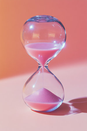 This hourglass features smooth glass and wooden accents, filled with pink sand that flows steadily. It sits against a bright pink background, symbolizing the relentless passage of time.の素材
