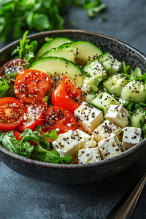 A vibrant salad featuring sliced cucumbers, ripe tomatoes, and crumbled feta cheese arranged artistically in a bowl, garnished with herbs and sesame seeds, ready to enjoy.の素材