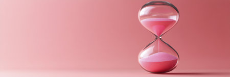 A delicate hourglass filled with pink sand stands gracefully against a soft pastel backdrop, symbolizing the relentless passage of time in a visually calming way.の素材
