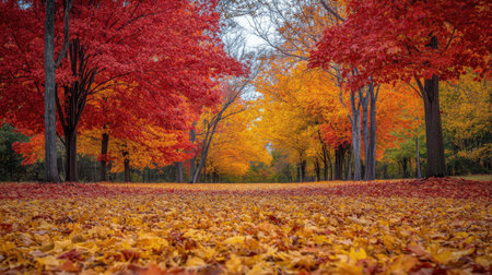 Bright red and yellow leaves decorate the trees in a beautiful forest. The ground is covered in fallen leaves, showcasing the rich colors of autumn and the peaceful atmosphere of nature.の素材