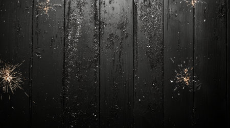 A textured dark wooden surface is illuminated with sparkling golden flecks, creating a festive atmosphere. The shimmering effects suggest a celebratory event, enhancing the elegant ambiance.の素材