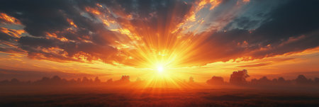 A breathtaking golden sunrise breaks through the clouds, casting warm light across misty fields and trees. The calm atmosphere evokes a sense of peace and renewal at daybreak.の素材