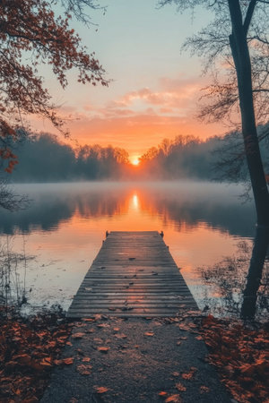A serene dock extends over a calm lake at dawn, surrounded by fog shrouded mountains. Soft pink and orange hues reflect on the water as morning light breaks.の素材