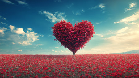 A distinctive tree shaped like a heart stands prominently in a vibrant flower field. The landscape features lush red blooms under a clear blue sky, creating a romantic atmosphere.の素材