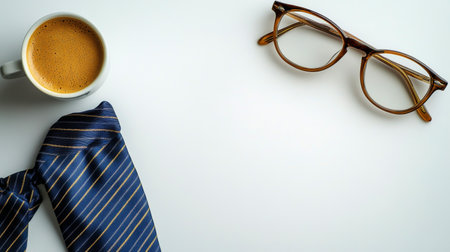 A cup of coffee sits next to a neatly folded tie and a pair of glasses on a minimalist desk. The setup suggests preparation for a productive day at work.の素材