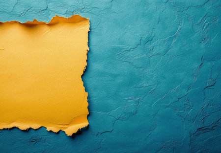 A piece of crumpled yellow paper is positioned on the left side while the right side features a smooth, bright blue surface. The contrast highlights the unique textures and colors.の素材