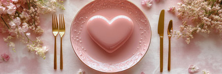 A heart shaped dessert rests on a delicate pink plate adorned with floral arrangements and gold cutlery. The table setting creates a romantic atmosphere perfect for an intimate gathering.の素材