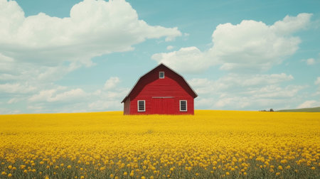 The bright red barn contrasts beautifully with the expansive yellow field of flowers, all set against a clear blue sky during a sunny day in the countryside.の素材