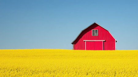 The bright red barn contrasts beautifully with the expansive yellow field of flowers, all set against a clear blue sky during a sunny day in the countryside.の素材