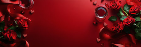 A beautiful display featuring vibrant red roses, heart shaped decorations, and elegant glasses filled with a drink, all set against a rich red background, perfect for celebrating love.の素材