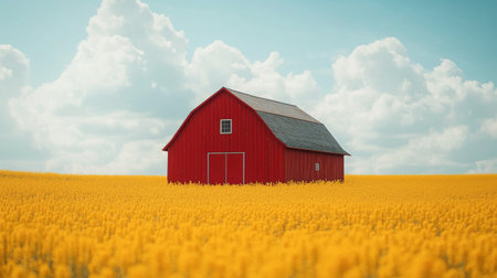 The bright red barn contrasts beautifully with the expansive yellow field of flowers, all set against a clear blue sky during a sunny day in the countryside.の素材