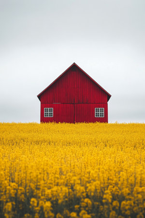 The striking red barn stands tall amidst a field blooming with bright yellow flowers, under a gray and cloudy sky, showing a beautiful rural landscape that captures natures colors.の素材