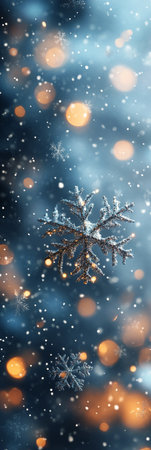 Delicate snowflakes glisten under warm lights, creating a magical winter atmosphere. The soft blue background enhances the enchanting ambiance of the season.の素材