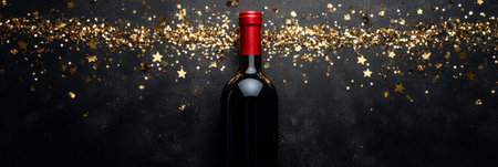 A pristine red wine bottle stands upright on a dark surface. Surrounding it are shimmering golden star shaped decorations, adding a festive touch perfect for celebrations or special occasions.の素材