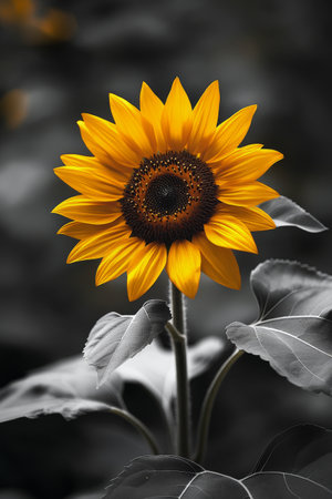 A tall sunflower displays its bright yellow petals and intricate center, surrounded by lush green leaves, creating a striking contrast against a dark background in an artistic style.の素材