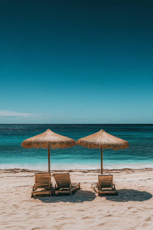 Two deck chairs sit under straw umbrellas on a sandy beach, facing a tranquil ocean with gentle waves. The clear blue sky enhances the serene atmosphere of this coastal location.の素材