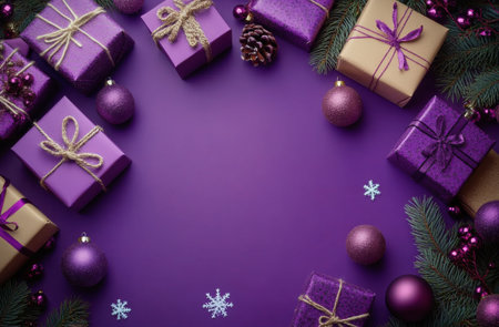 Colorful gifts wrapped in ribbons are surrounded by pine branches, ornaments, and snowflakes, creating a cheerful atmosphere for the holiday season.の素材