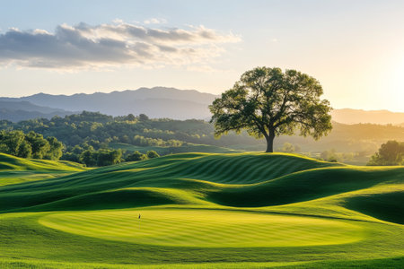 The sun sets behind gentle hills, casting a warm glow over a vibrant golf course. A single tree stands prominently, highlighting the serene landscape and inviting tranquility.の素材