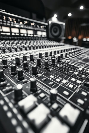 The close up view presents various black knobs on a mixing console, highlighting the intricate layout and design used for adjusting sound levels in music production.の素材