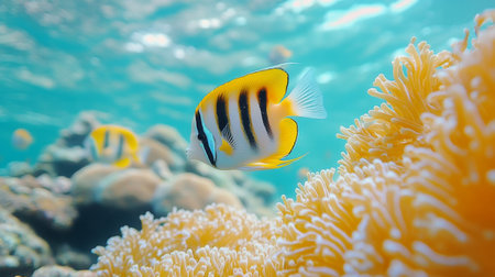 Vibrant fish navigating through a coral reef, showing diverse marine life in crystal clear waters. Sunlight filters down, enhancing the colors of everything beneath the surface.の素材