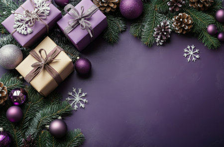 Colorful gifts wrapped in ribbons are surrounded by pine branches, ornaments, and snowflakes, creating a cheerful atmosphere for the holiday season.の素材