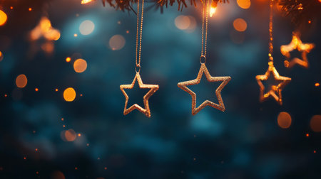 Golden star ornaments dangle from a Christmas tree branch, creating a festive atmosphere. Blurred lights in the background add a warm glow, enhancing the holiday spirit.の素材