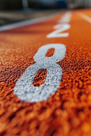 A close up view of a red running track featuring lane number eight. The atmosphere is cloudy and the background shows blurred outlines of trees, creating a serene sports environment.の素材