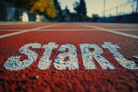 The start line on a running track shows weathered letters on a red surface, illuminated by early morning light, inviting runners to begin their race.の素材