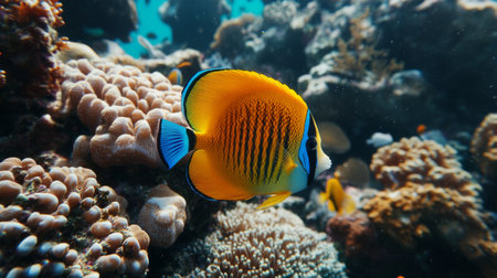 Vibrant fish navigating through a coral reef, showing diverse marine life in crystal clear waters. Sunlight filters down, enhancing the colors of everything beneath the surface.の素材