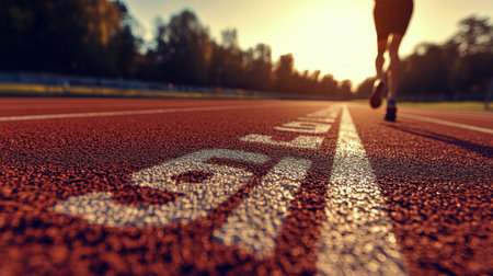 A runner sprints on a red track in the evening light, surrounded by trees. The focus captures lane numbers and the golden hues of sunset, creating an energetic atmosphere.の素材