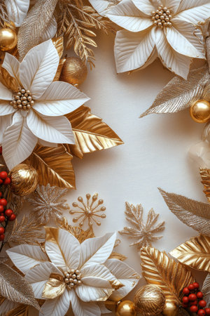 A beautifully crafted holiday wreath features white poinsettias, gold leaves, and decorative red berries. This festive arrangement brings seasonal cheer and charm to any space during the holidays.の素材