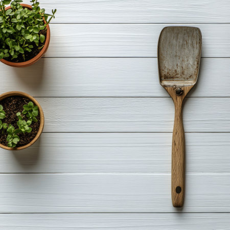A small set of gardening tools rests beside a potted plant with white flowers on a rustic wooden table. The arrangement suggests a serene atmosphere for outdoor planting activities.の素材
